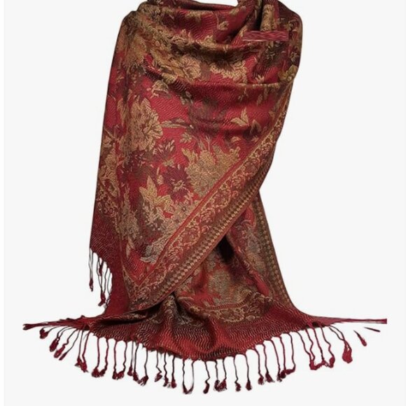 Floral Pashmina Scarf for Women Dark Red Merlot Festival Shawls Wraps Scarves - Picture 2 of 4